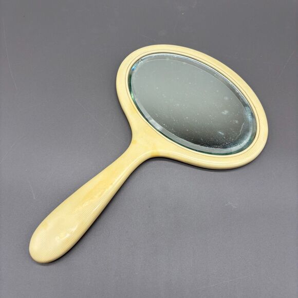 Antique French Ivory Celluloid Hand Mirror Beveled Glass Vanity Art Deco 1920s - Picture 1 of 9
